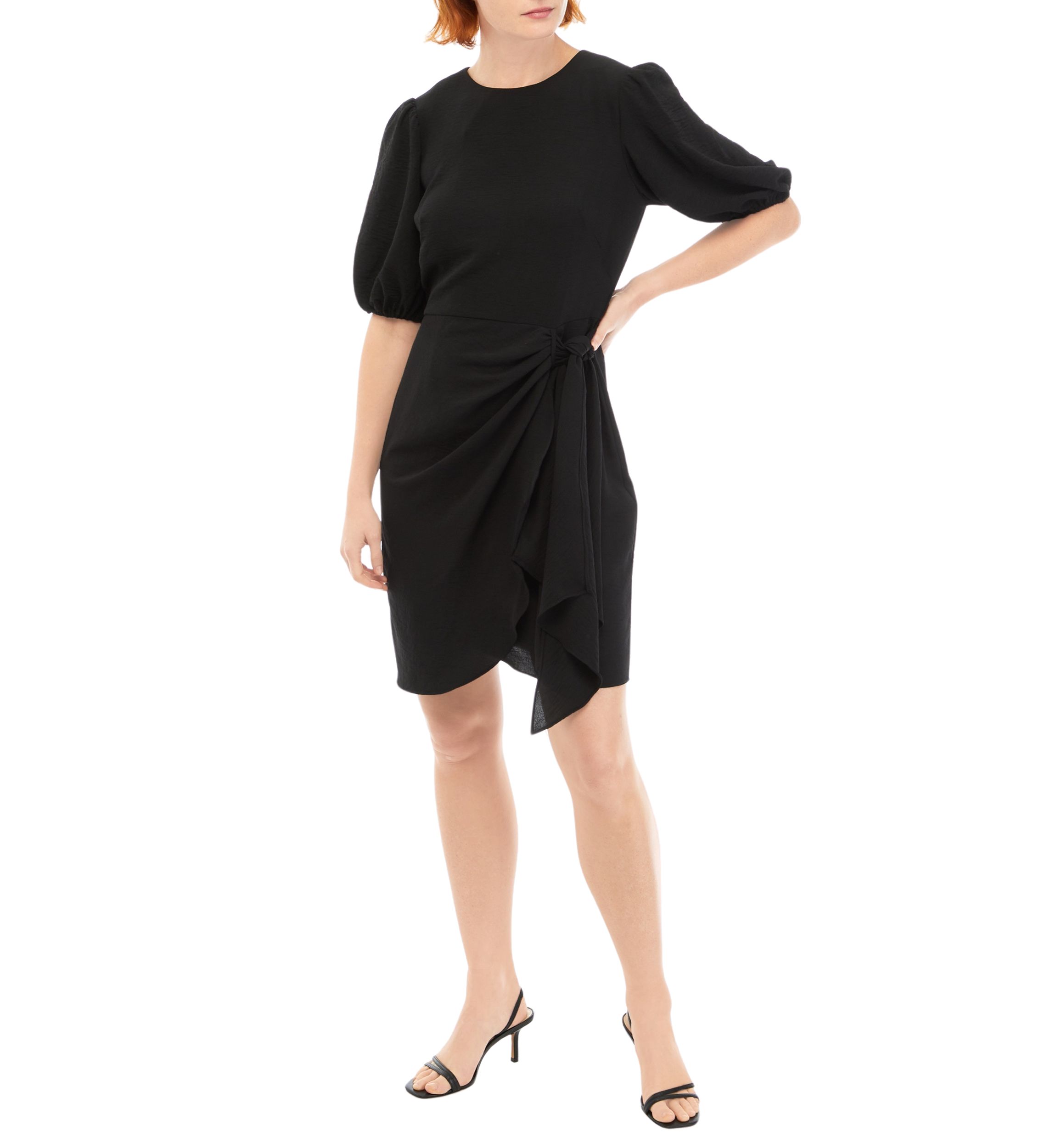 Womens Short Puff Sleeve Solid Side Tie Fit and Flare Dress