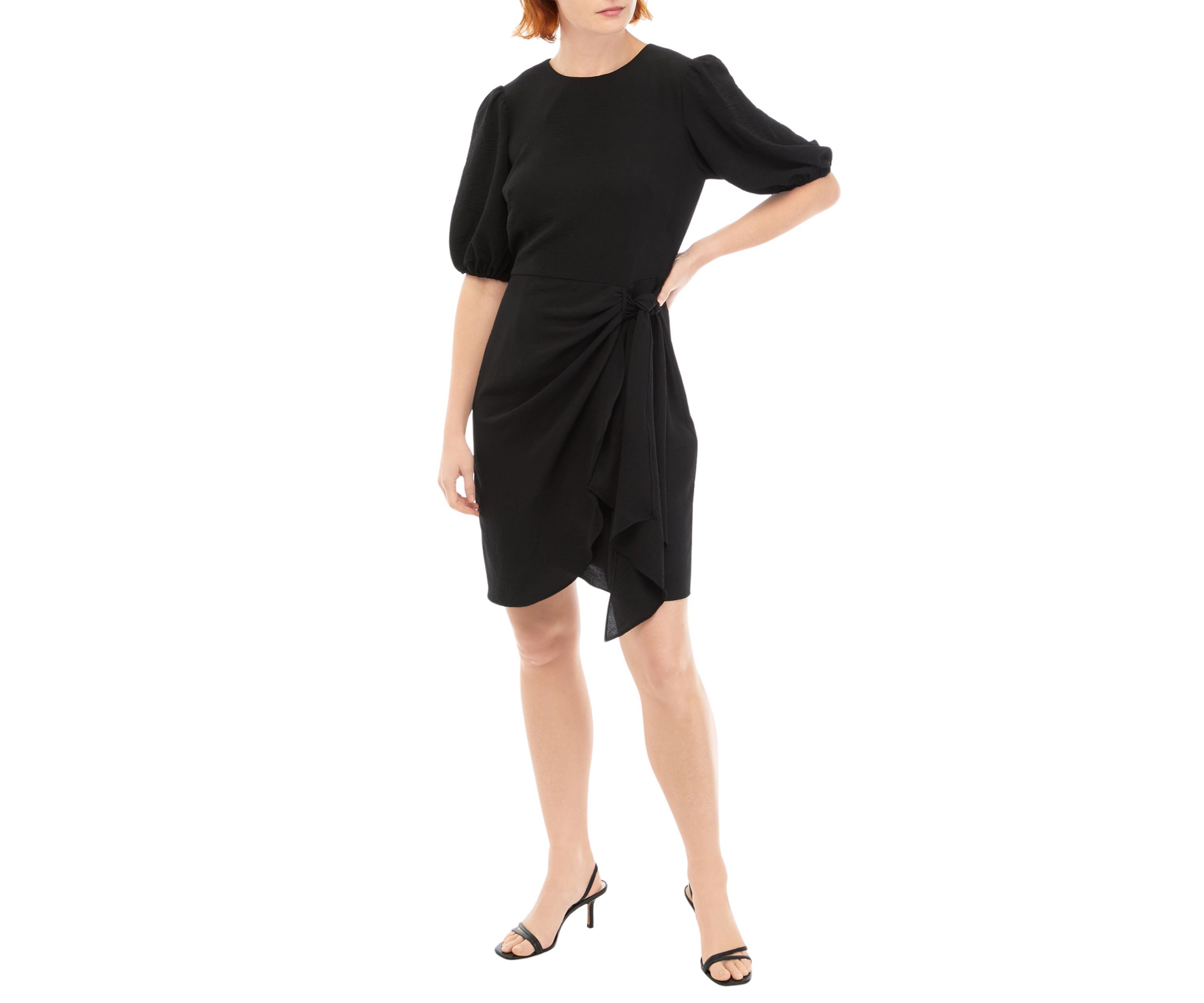 Womens Short Puff Sleeve Solid Side Tie Fit and Flare Dress