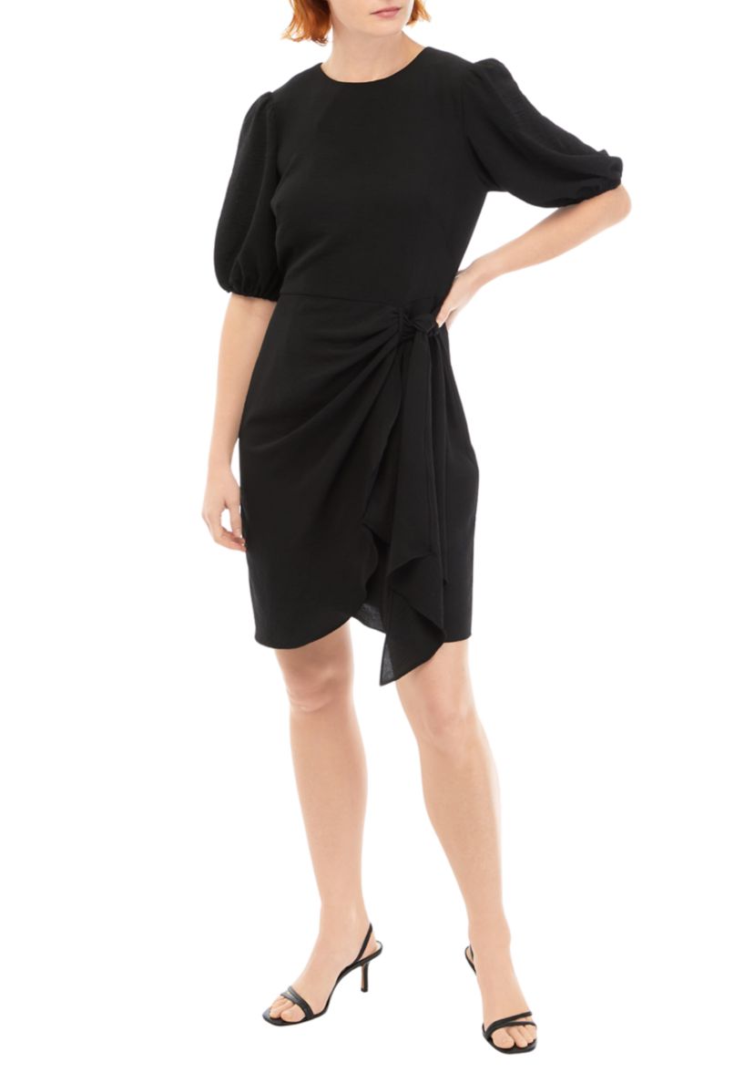 Womens Short Puff Sleeve Solid Side Tie Fit and Flare Dress