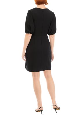 Women's Short Puff Sleeve Solid Side Tie Fit and Flare Dress