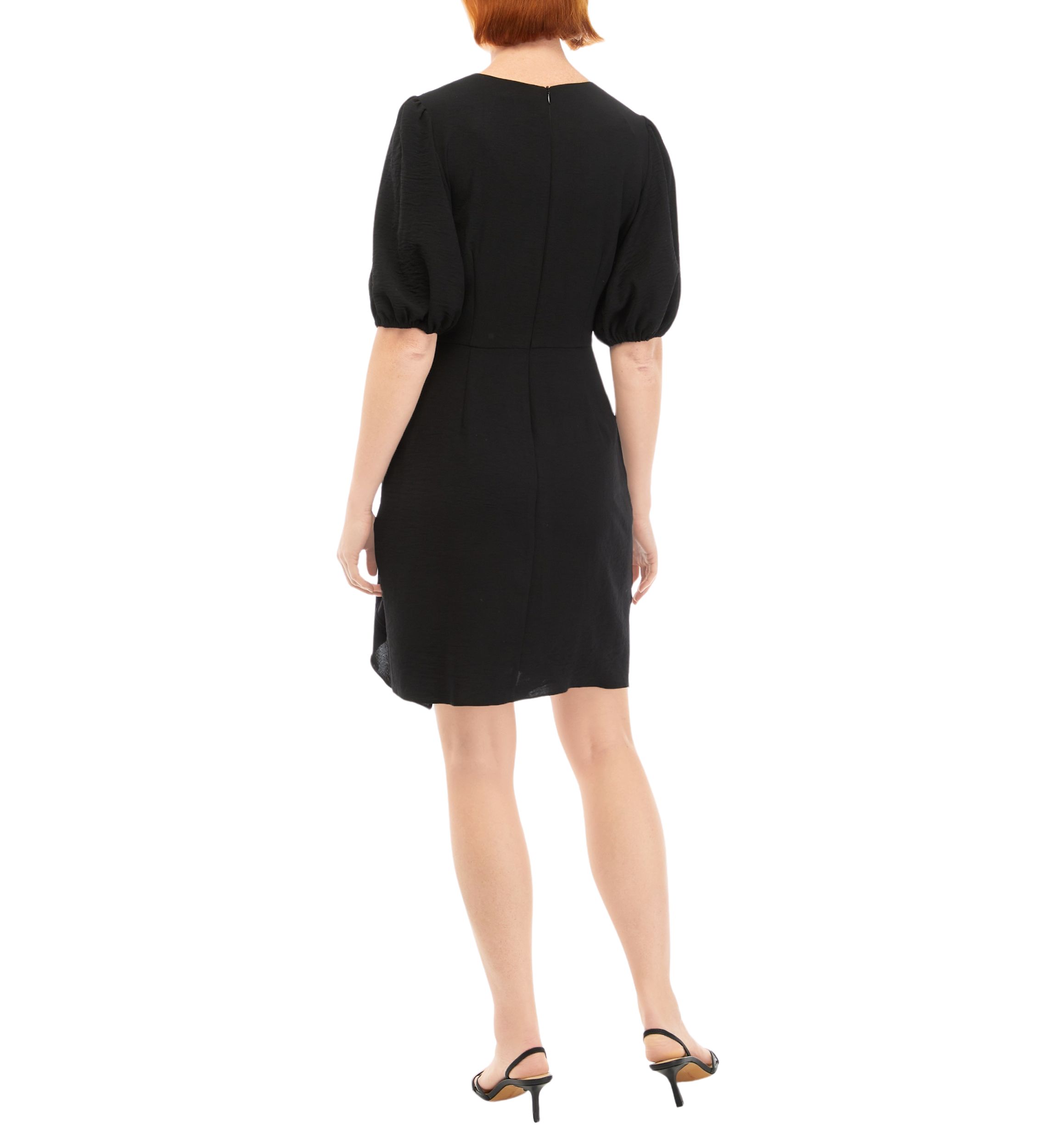 Womens Short Puff Sleeve Solid Side Tie Fit and Flare Dress