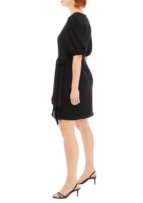 Women's Short Puff Sleeve Solid Side Tie Fit and Flare Dress