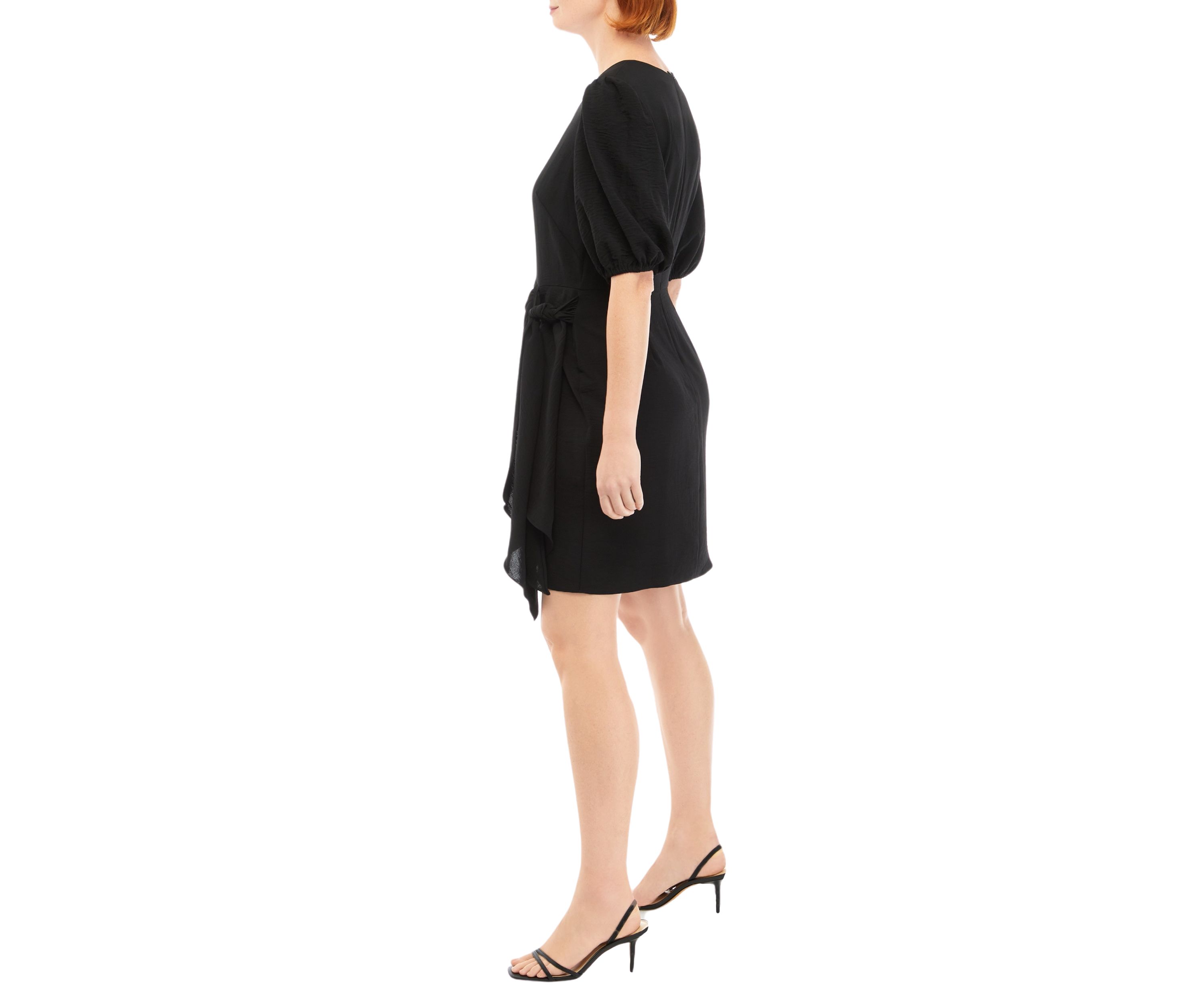 Womens Short Puff Sleeve Solid Side Tie Fit and Flare Dress
