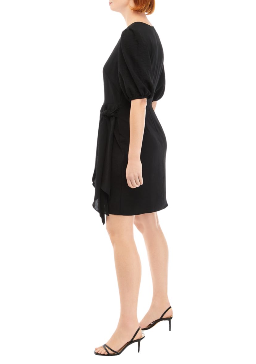 Womens Short Puff Sleeve Solid Side Tie Fit and Flare Dress
