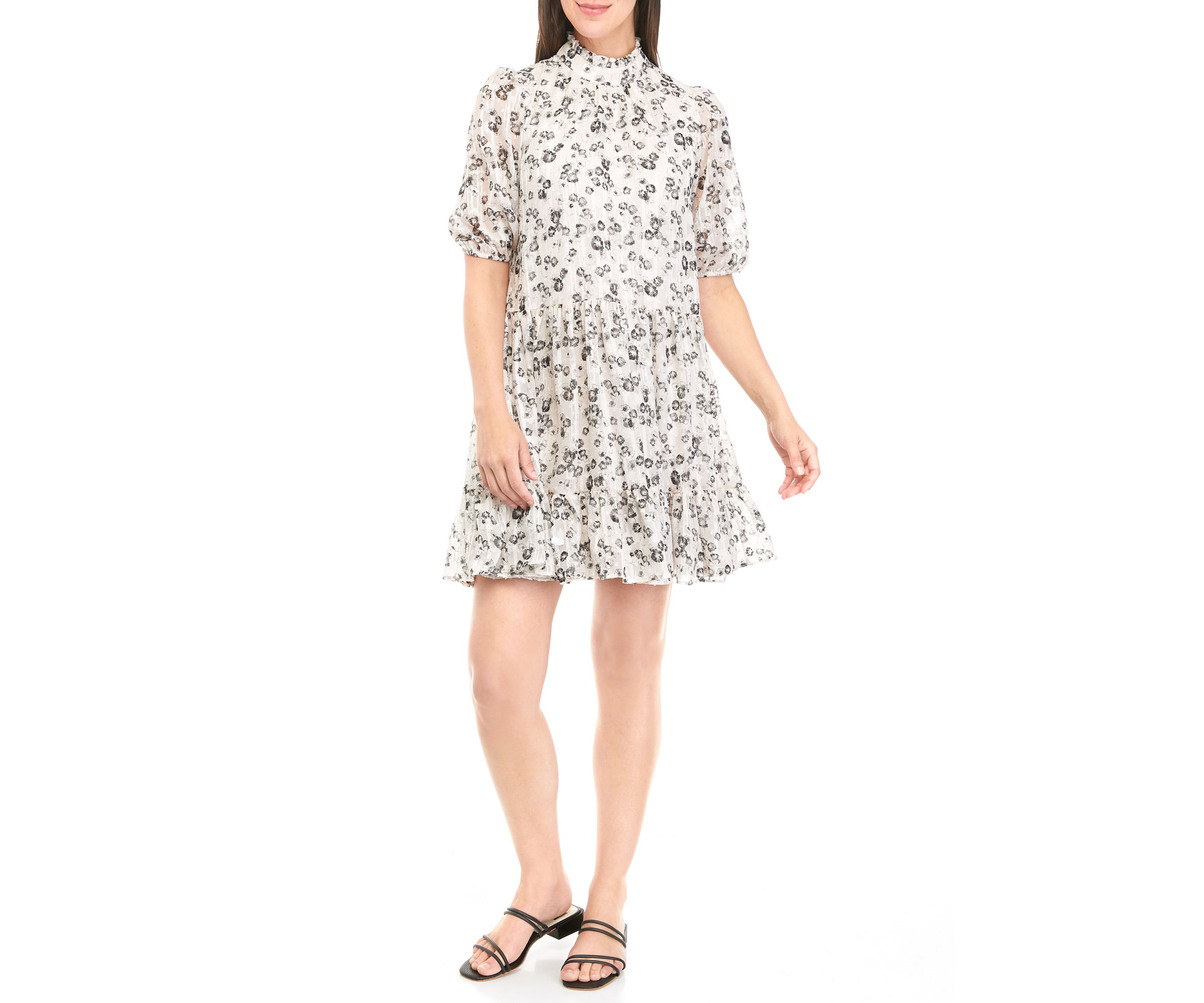 Womens Puff Sleeve Mock Neck Floral Dress