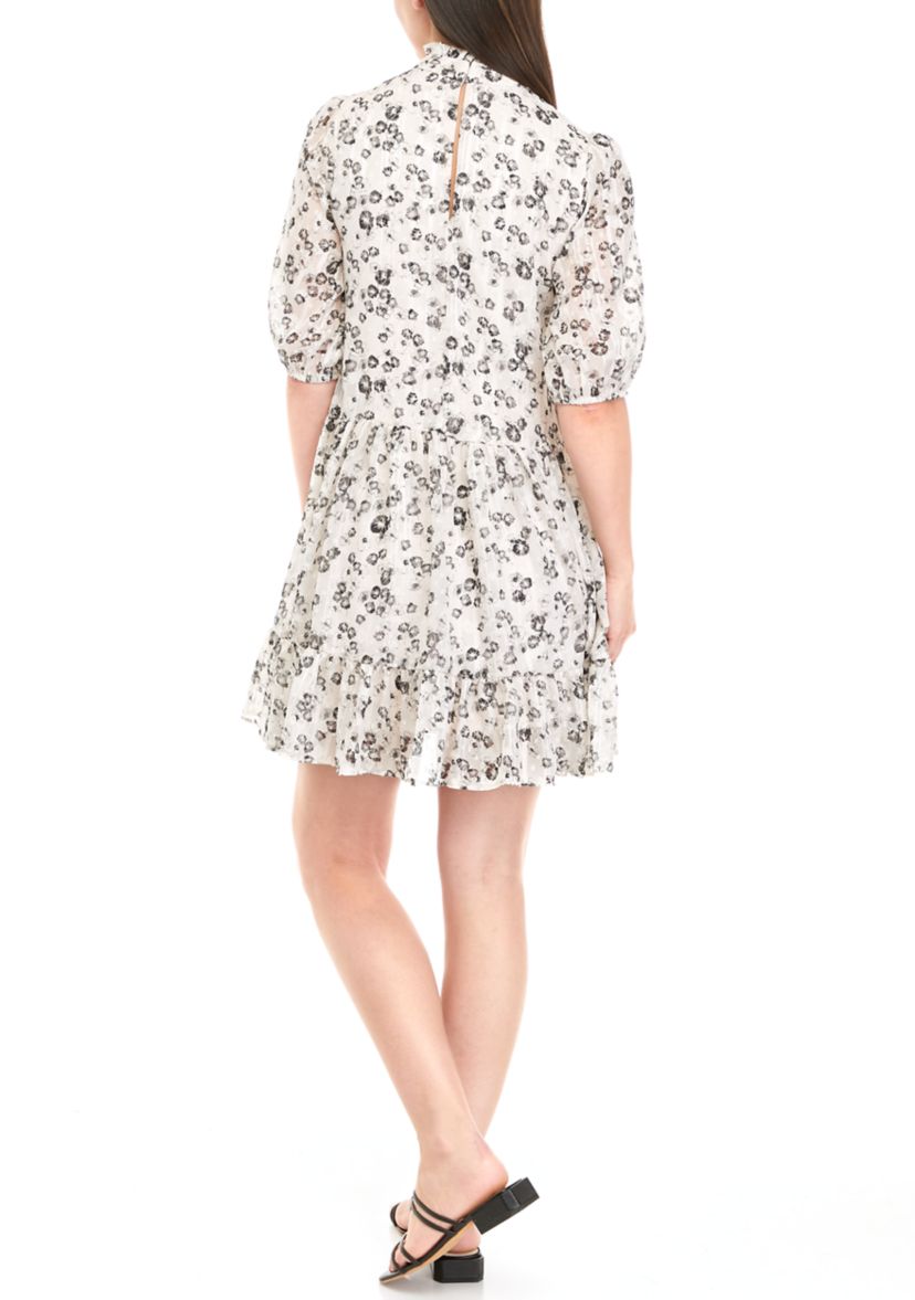 Womens Puff Sleeve Mock Neck Floral Dress