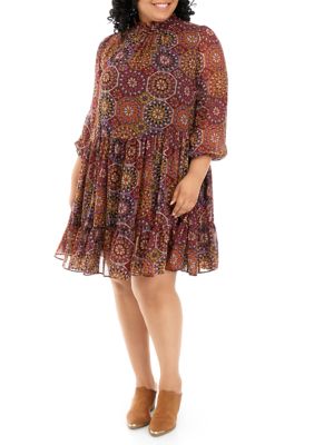 Plus Blouson Sleeve Mock Neck Printed Chiffon Dress