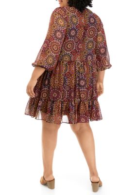 Plus Blouson Sleeve Mock Neck Printed Chiffon Dress