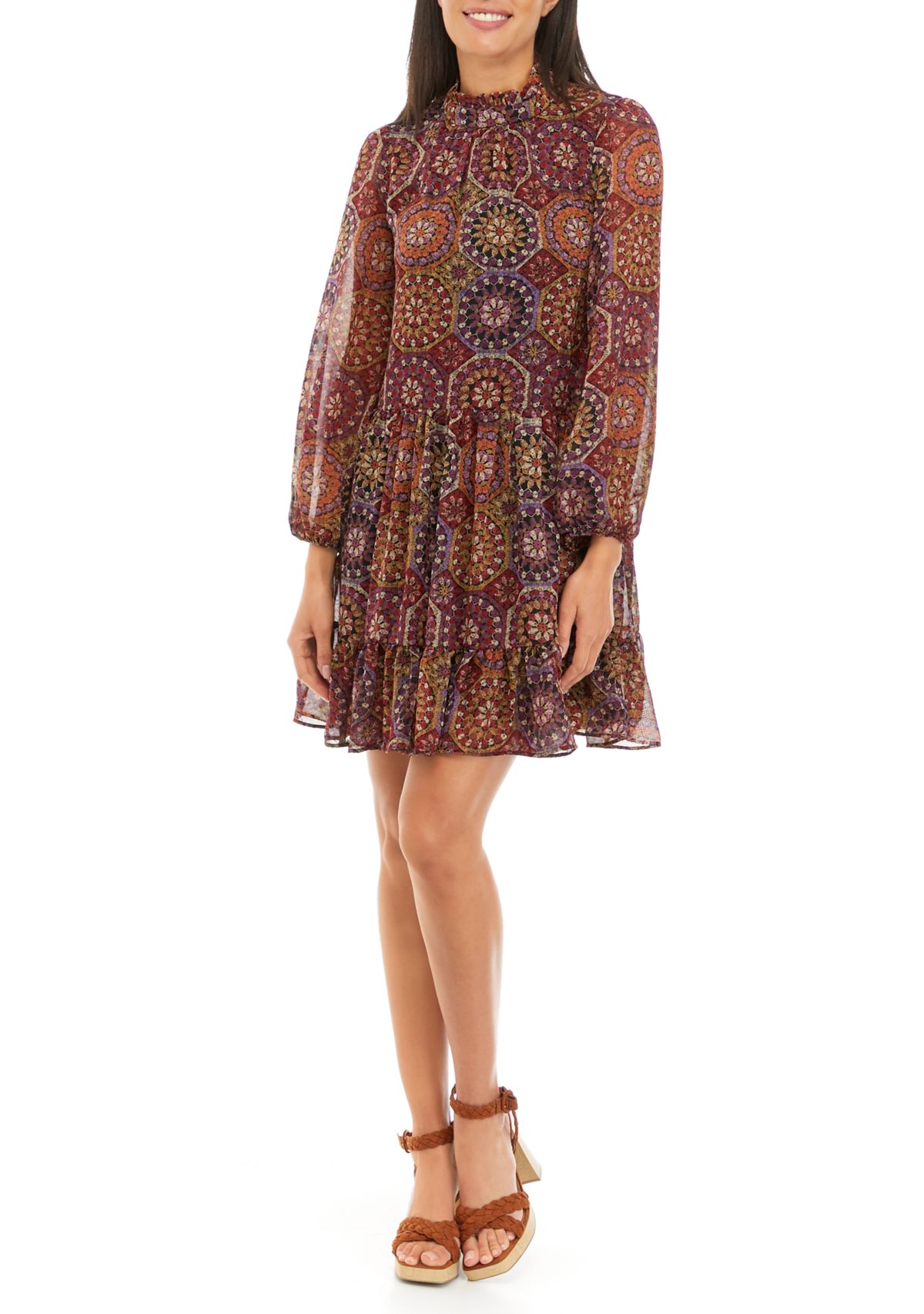 Womens Long Sleeve Mock Neck Medallion Print Chiffon A-Line Dress