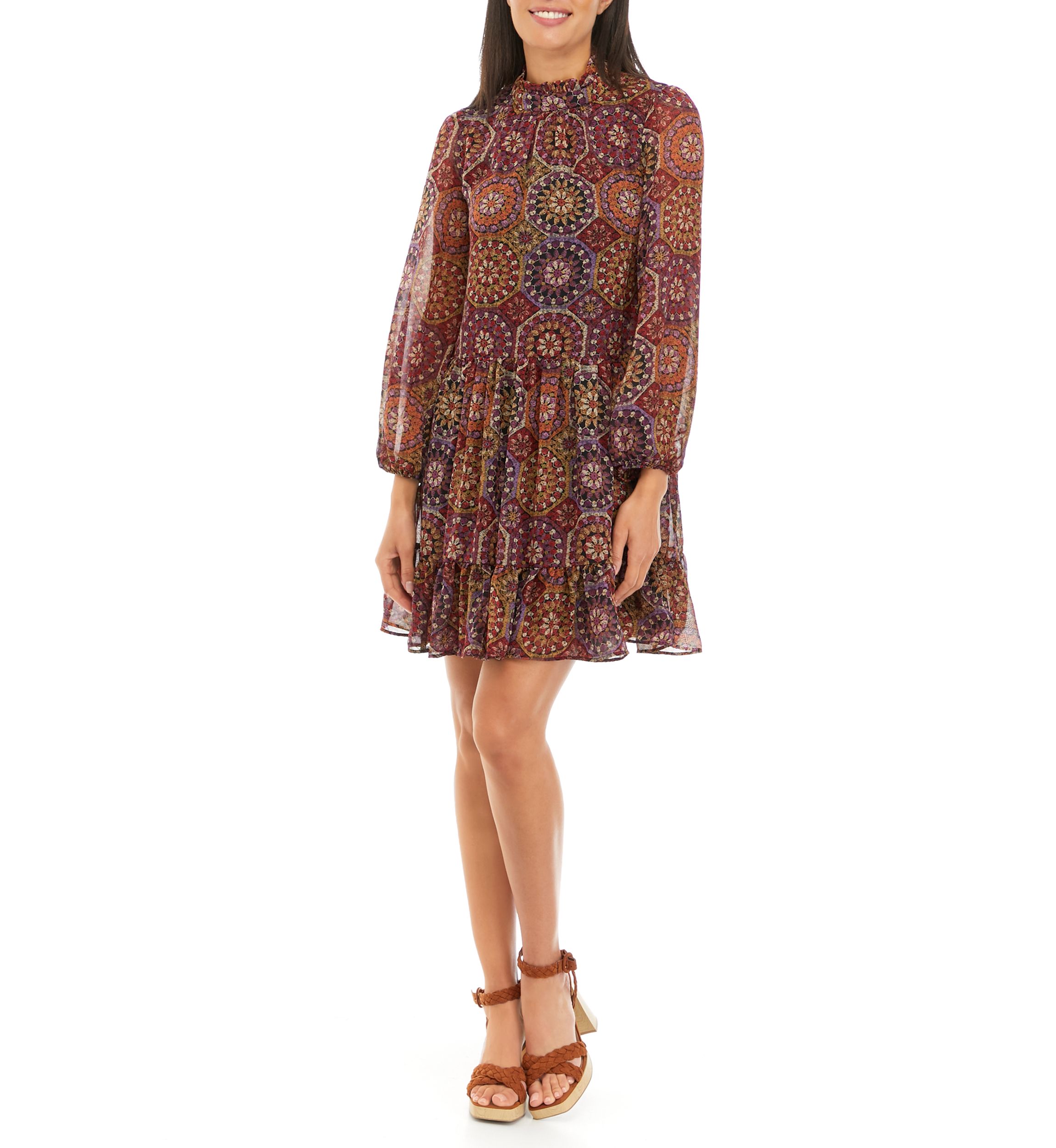 Womens Long Sleeve Mock Neck Medallion Print Chiffon A-Line Dress