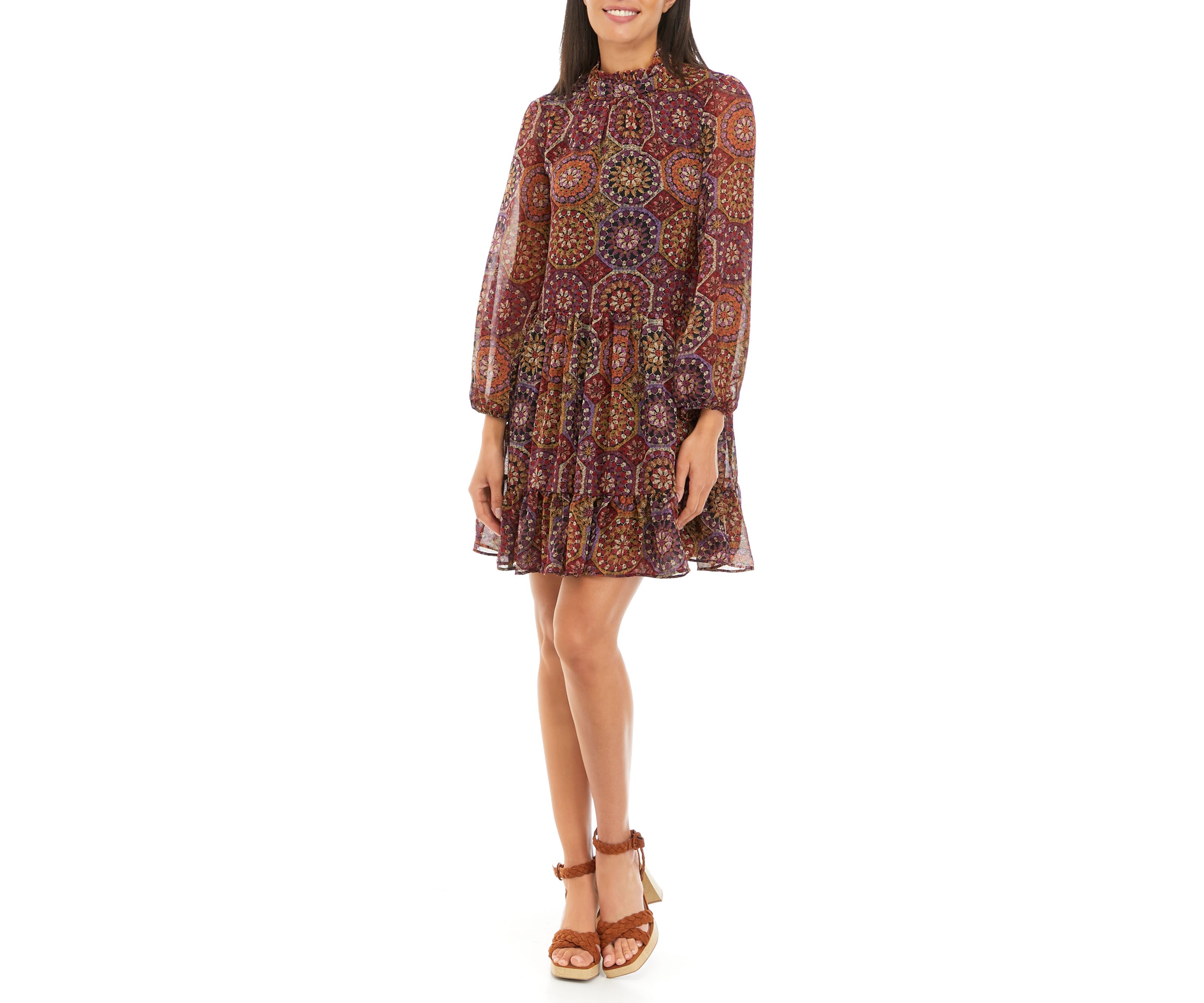 Womens Long Sleeve Mock Neck Medallion Print Chiffon A-Line Dress