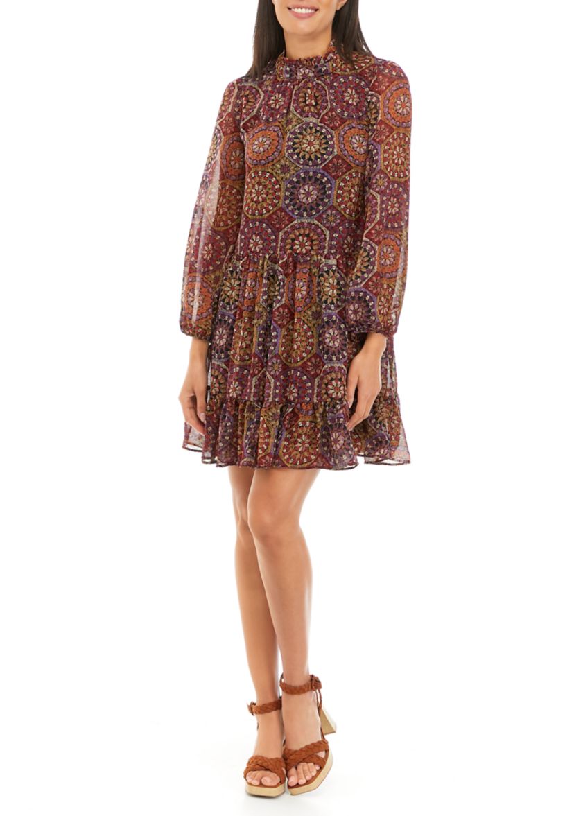 Womens Long Sleeve Mock Neck Medallion Print Chiffon A-Line Dress