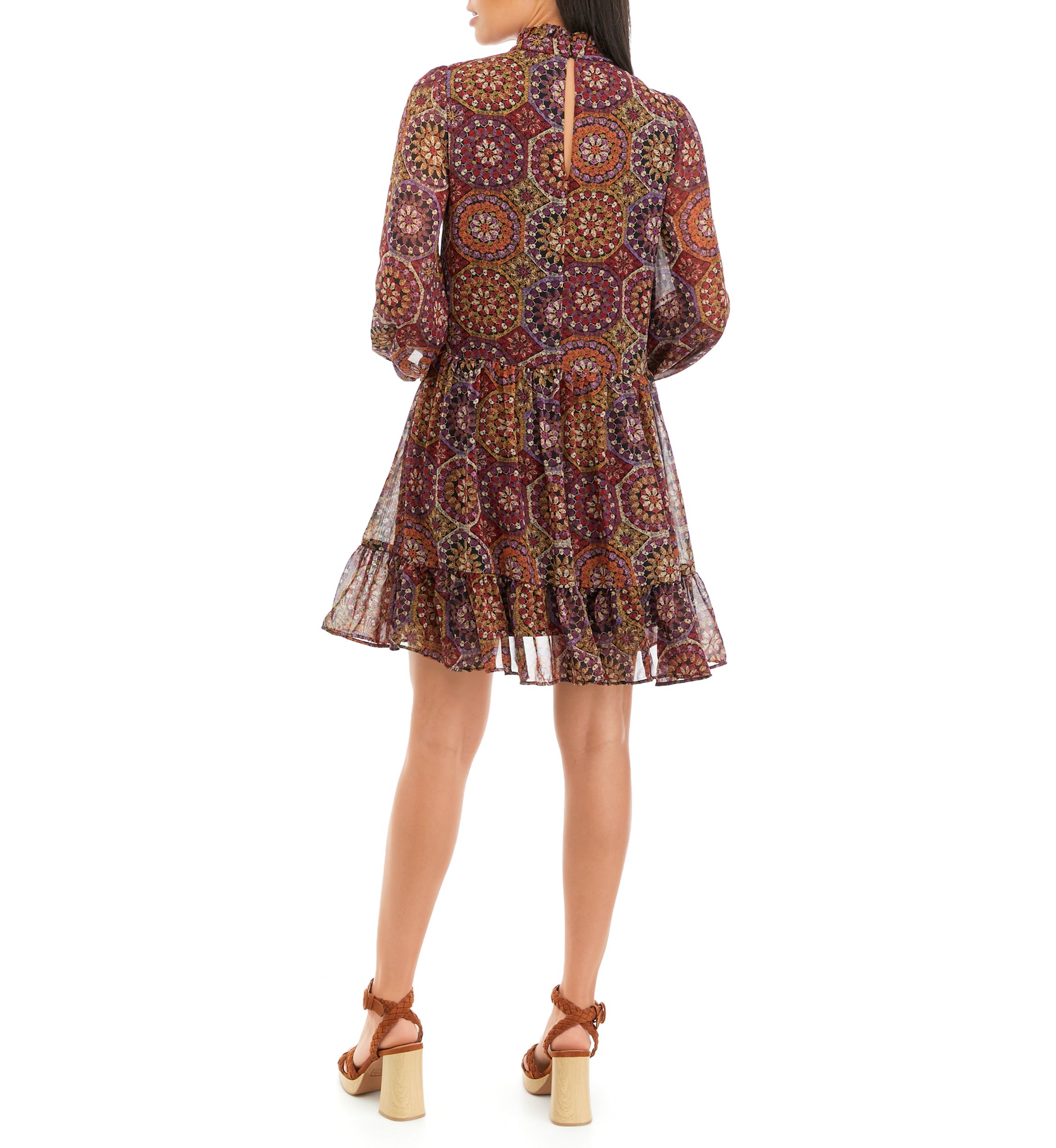 Womens Long Sleeve Mock Neck Medallion Print Chiffon A-Line Dress