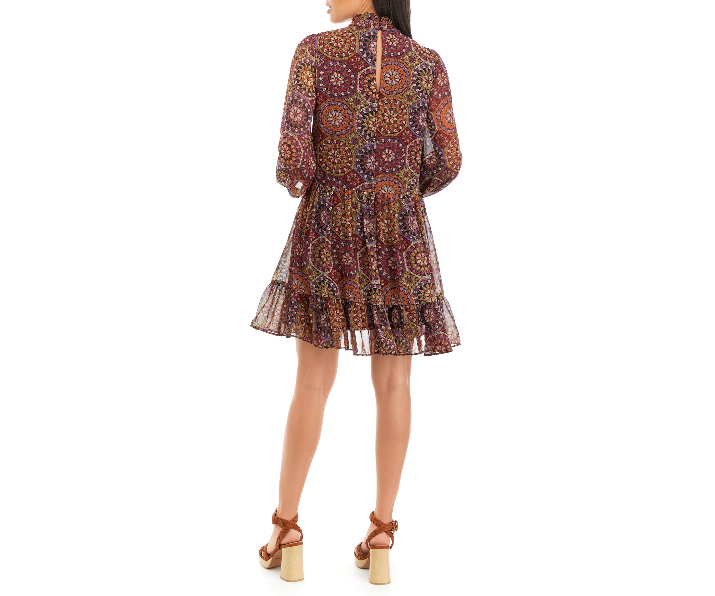 Womens Long Sleeve Mock Neck Medallion Print Chiffon A-Line Dress