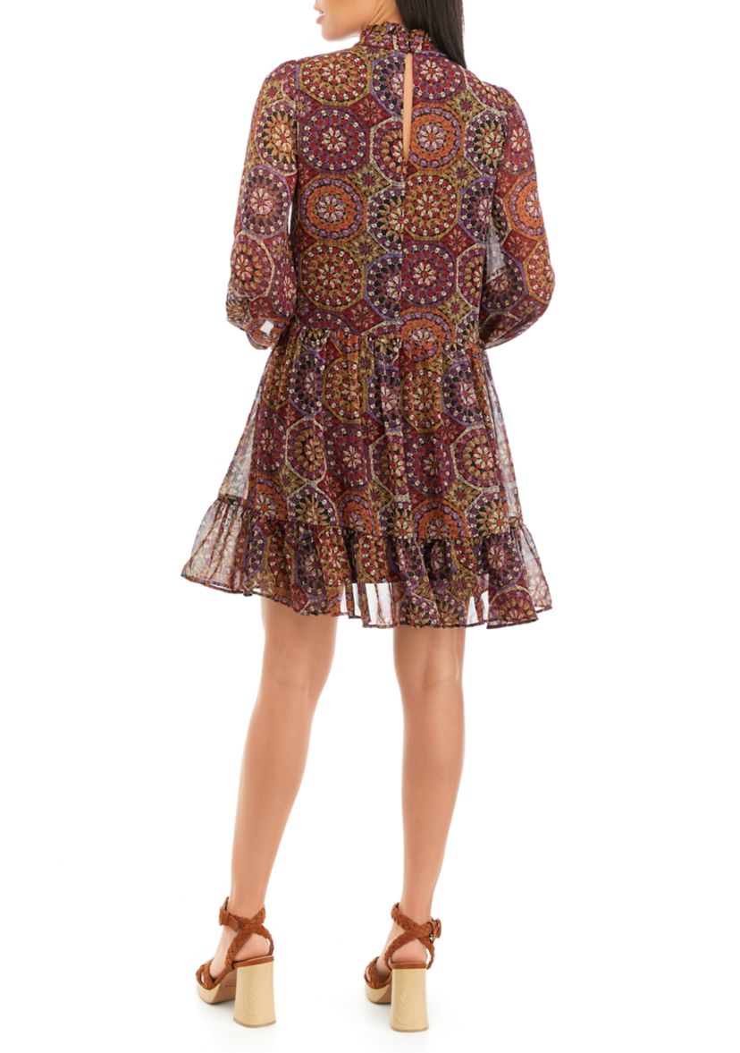 Womens Long Sleeve Mock Neck Medallion Print Chiffon A-Line Dress
