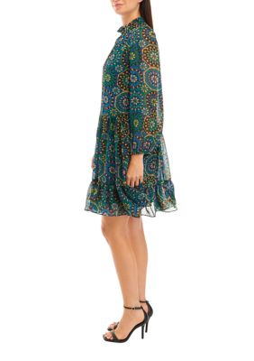 Women's Long Sleeve Mock Neck Medallion Print Chiffon A-Line Dress