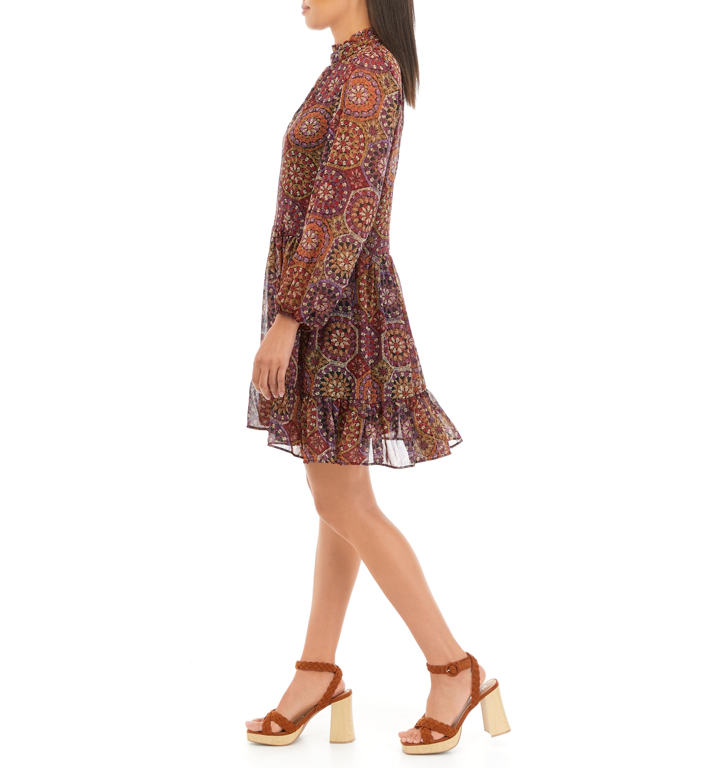 Womens Long Sleeve Mock Neck Medallion Print Chiffon A-Line Dress