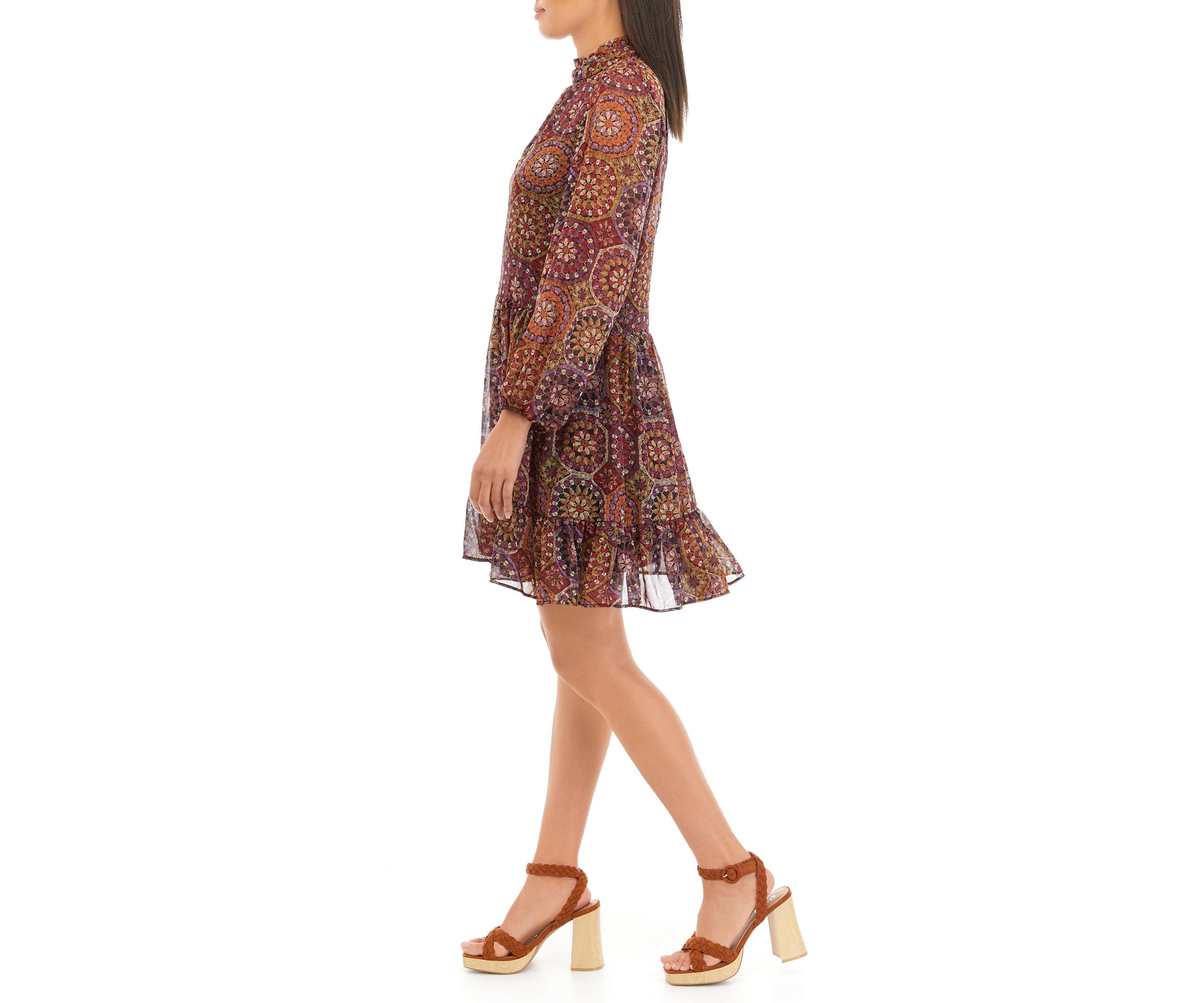 Womens Long Sleeve Mock Neck Medallion Print Chiffon A-Line Dress