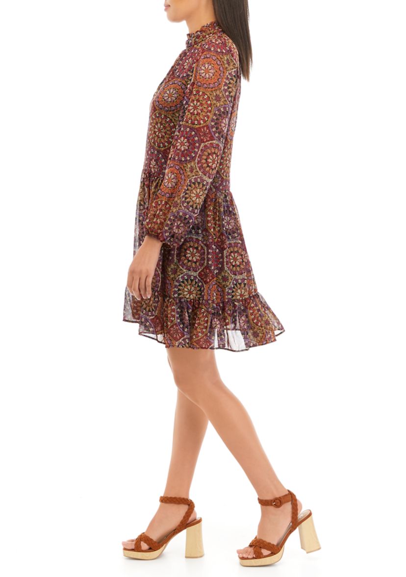 Womens Long Sleeve Mock Neck Medallion Print Chiffon A-Line Dress
