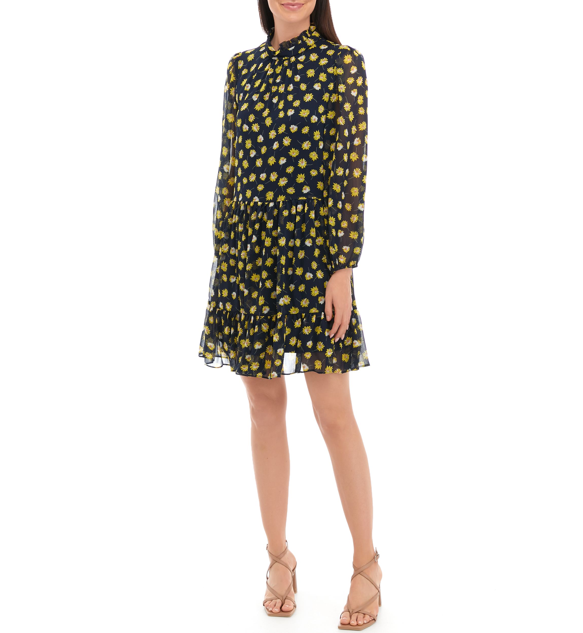 Womens Long Sleeve Mock Neck Floral Print Chiffon Dress