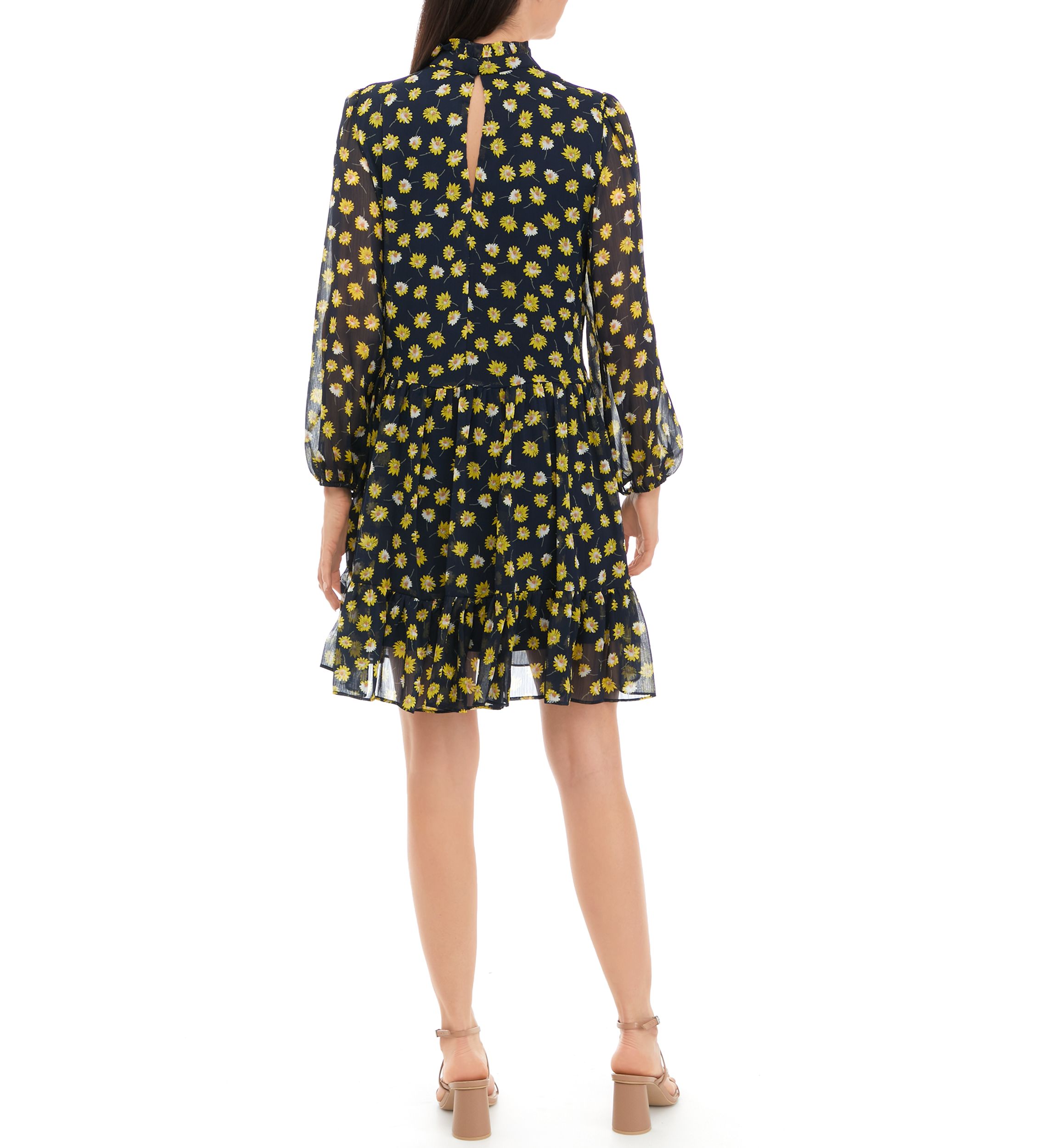 Womens Long Sleeve Mock Neck Floral Print Chiffon Dress