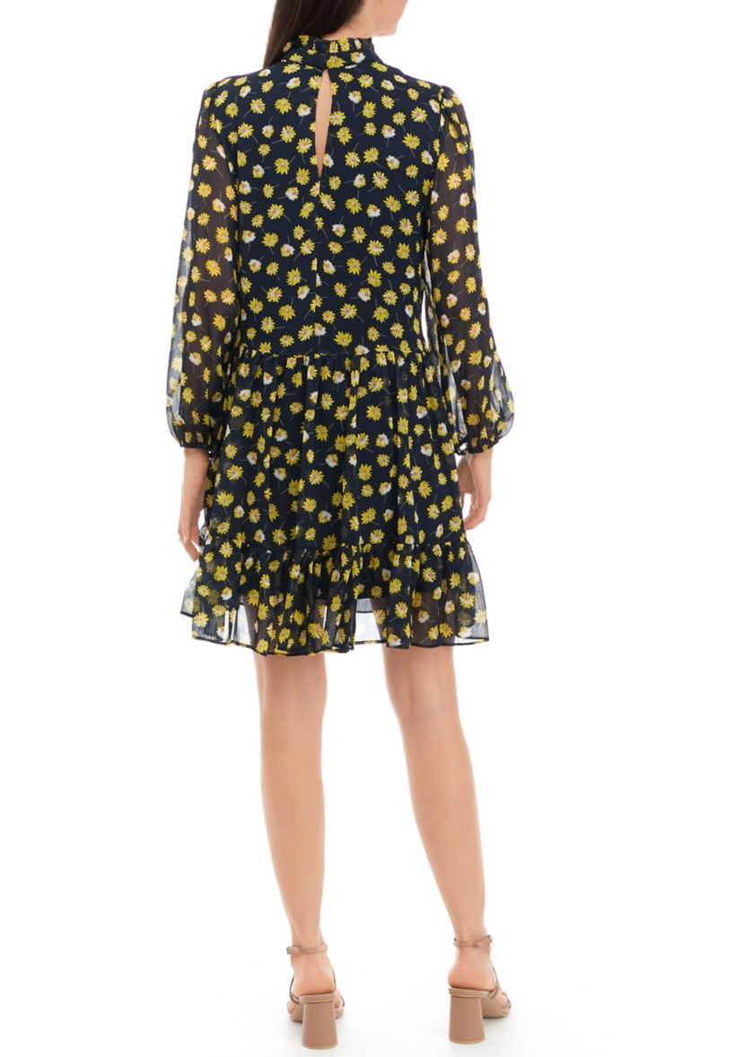 Womens Long Sleeve Mock Neck Floral Print Chiffon Dress