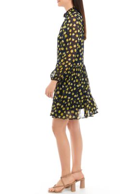 Women's Long Sleeve Mock Neck Floral Print Chiffon Dress