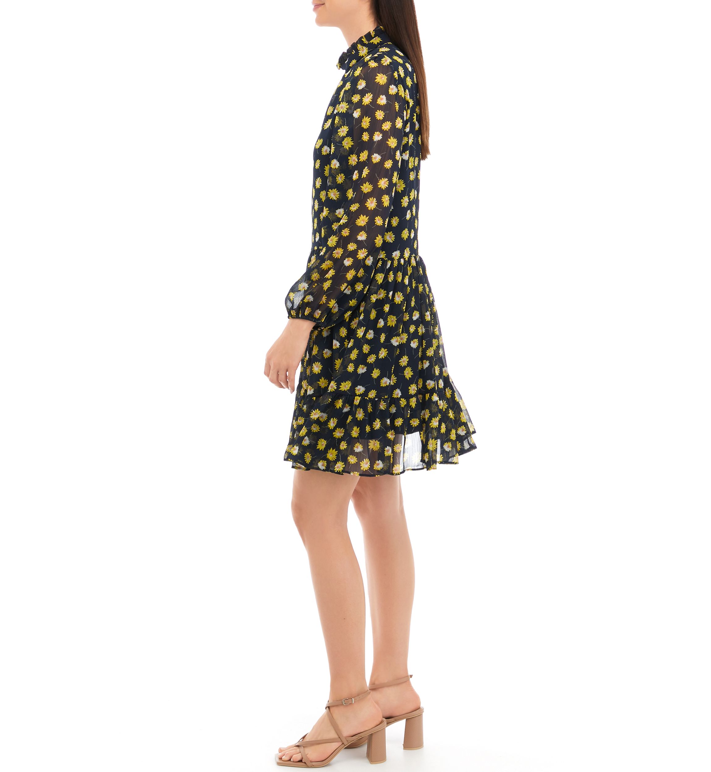 Womens Long Sleeve Mock Neck Floral Print Chiffon Dress