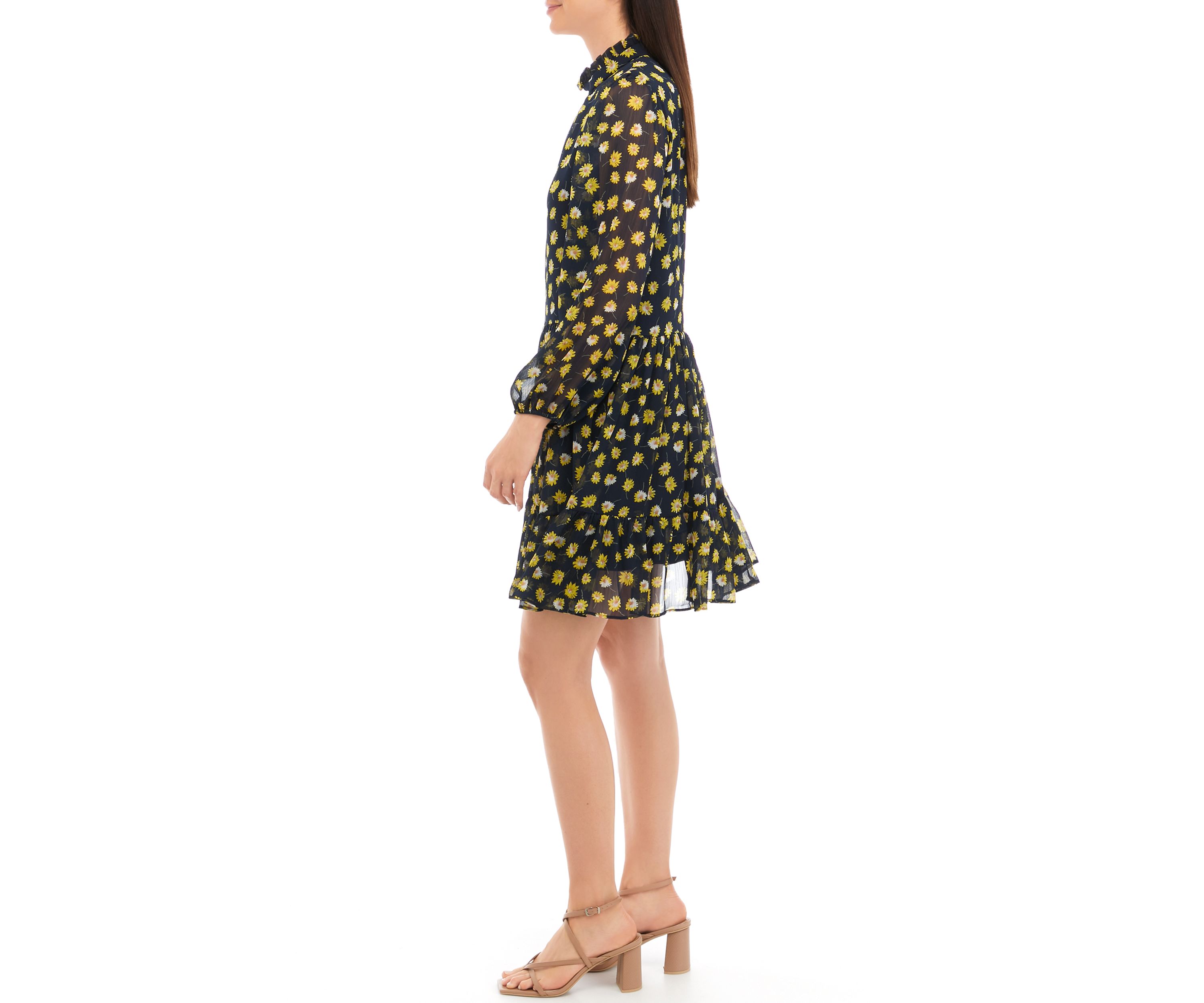 Womens Long Sleeve Mock Neck Floral Print Chiffon Dress