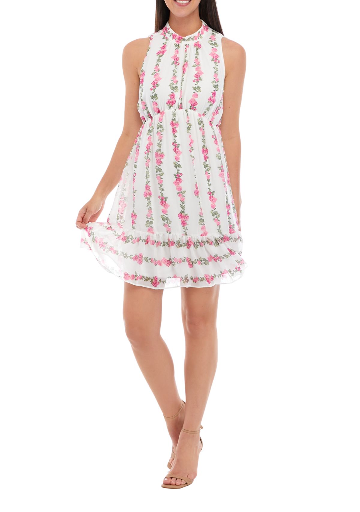 Womens Sleeveless Mock Neck Floral Print Chiffon Fit and Flare Dress