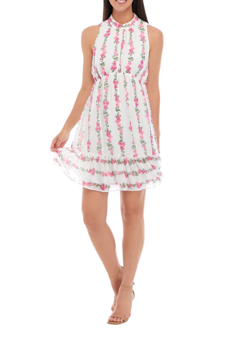 Womens Sleeveless Mock Neck Floral Print Chiffon Fit and Flare Dress