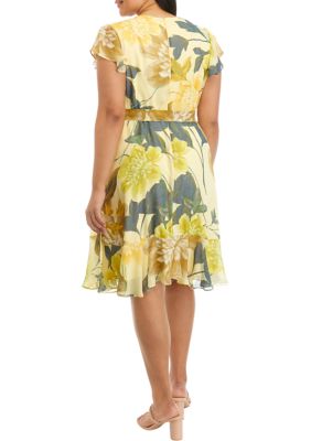 Plus Flutter Sleeve Floral Print Fit and Flare Dress