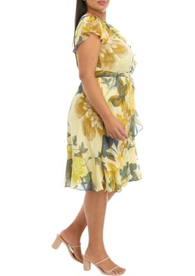 Plus Flutter Sleeve Floral Print Fit and Flare Dress
