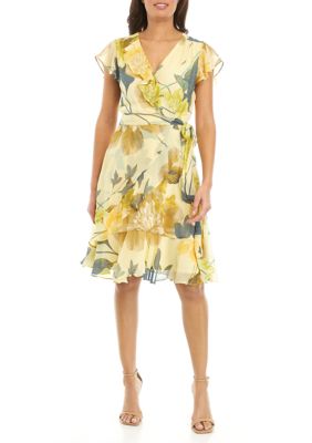 Women's Short Sleeve Floral Print Chiffon Wrap Dress