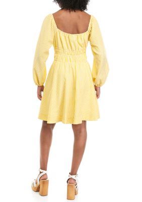 Women's Long Sleeve Seersucker Ruched Waist Dress