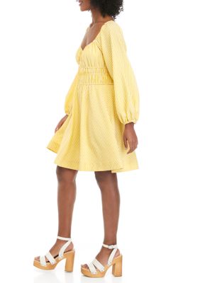 Women's Long Sleeve Seersucker Ruched Waist Dress