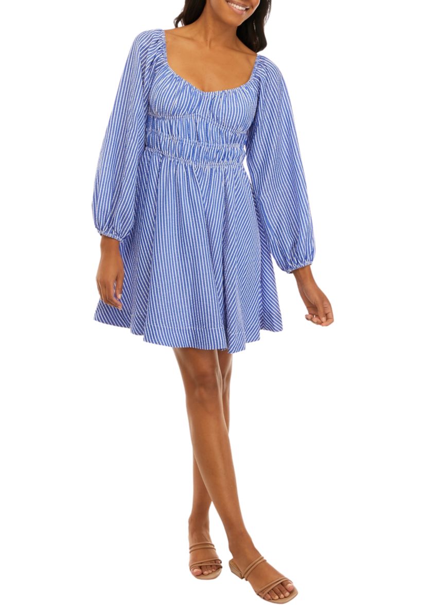 Womens Long Sleeve Seersucker Elastic Waist Fit and Flare Dress
