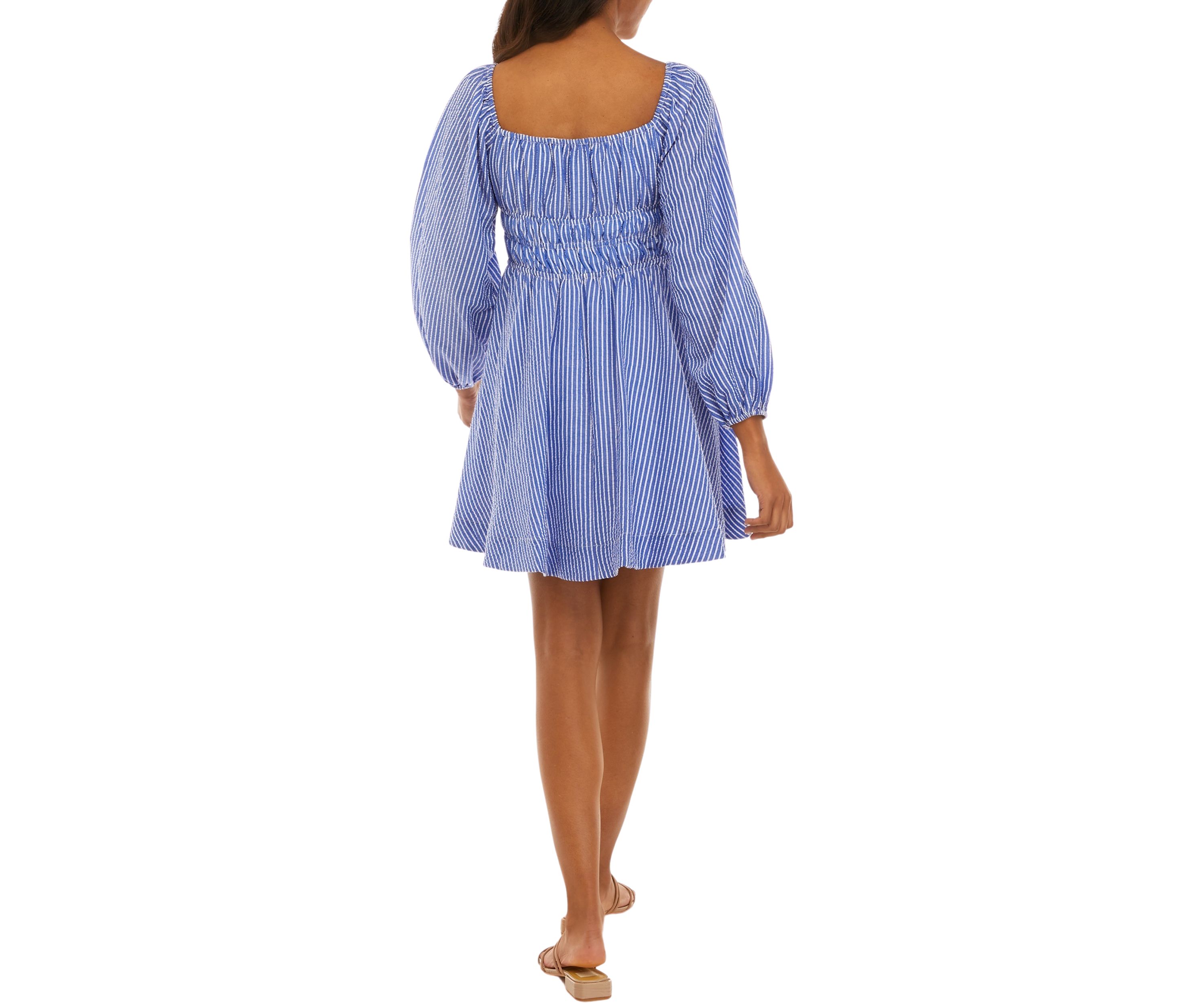 Womens Long Sleeve Seersucker Elastic Waist Fit and Flare Dress