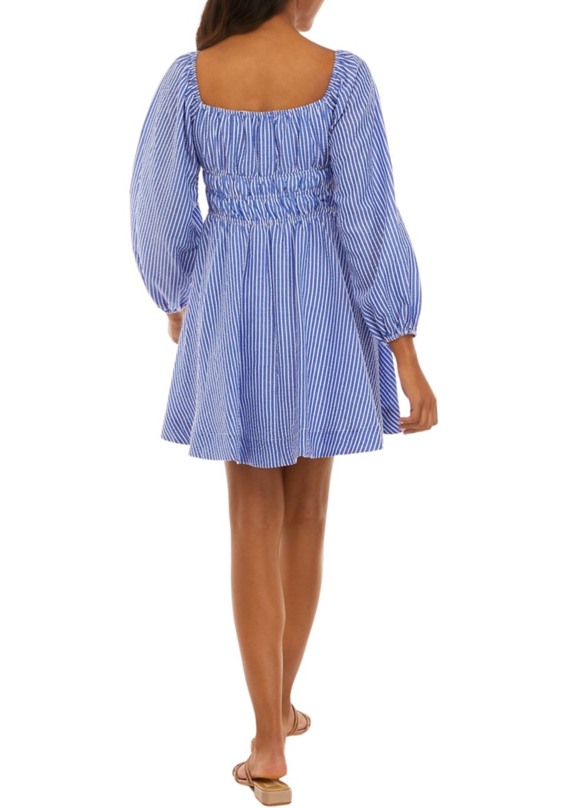 Womens Long Sleeve Seersucker Elastic Waist Fit and Flare Dress
