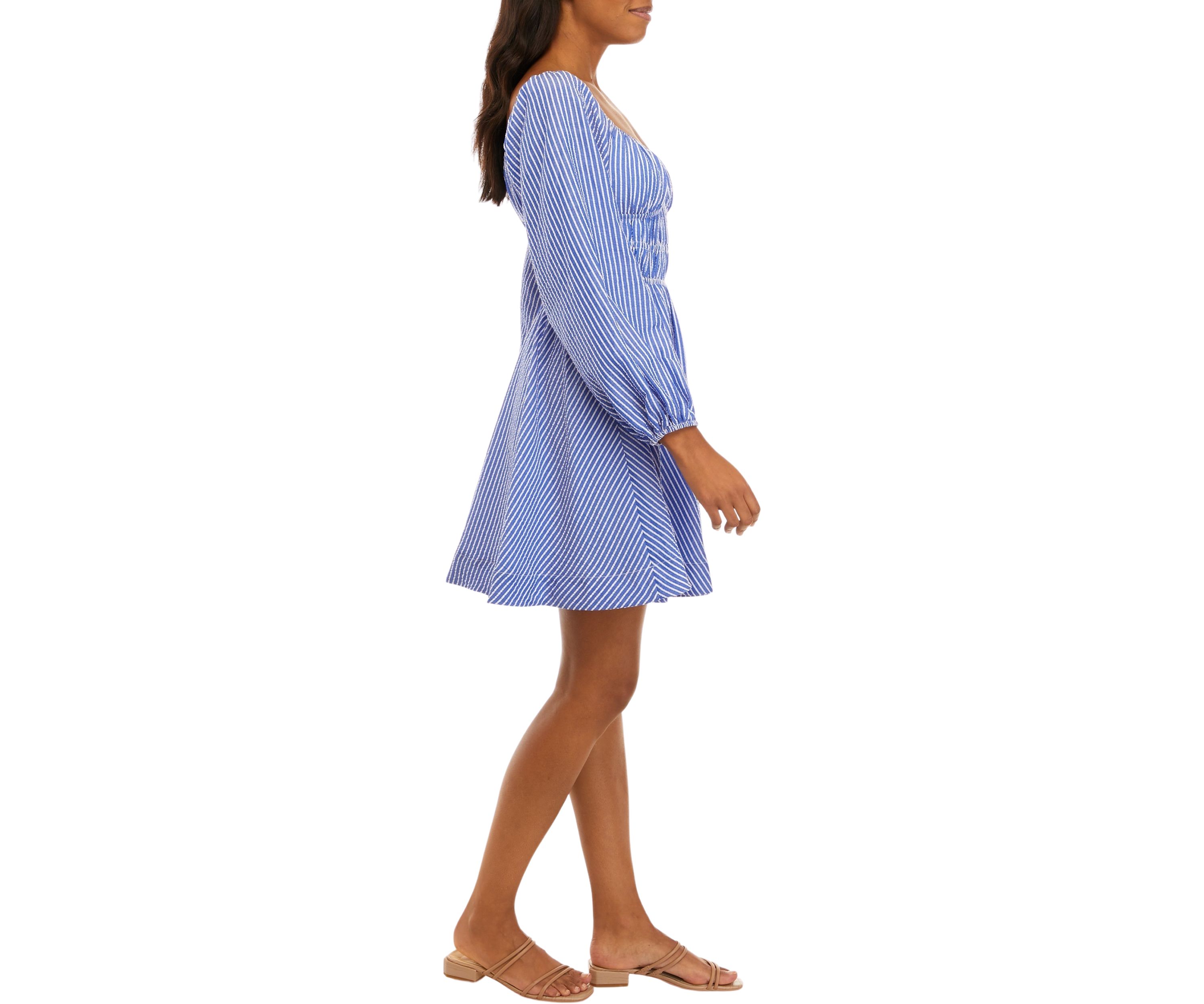 Womens Long Sleeve Seersucker Elastic Waist Fit and Flare Dress