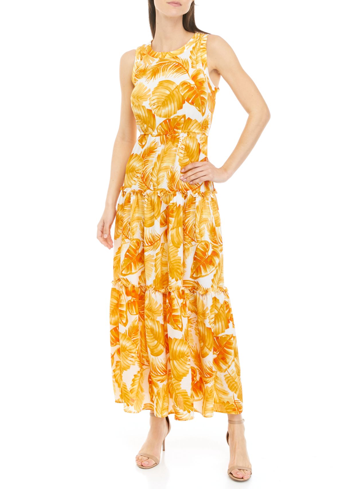 Womens Sleeveless Tropical Leaf Print Maxi Dress