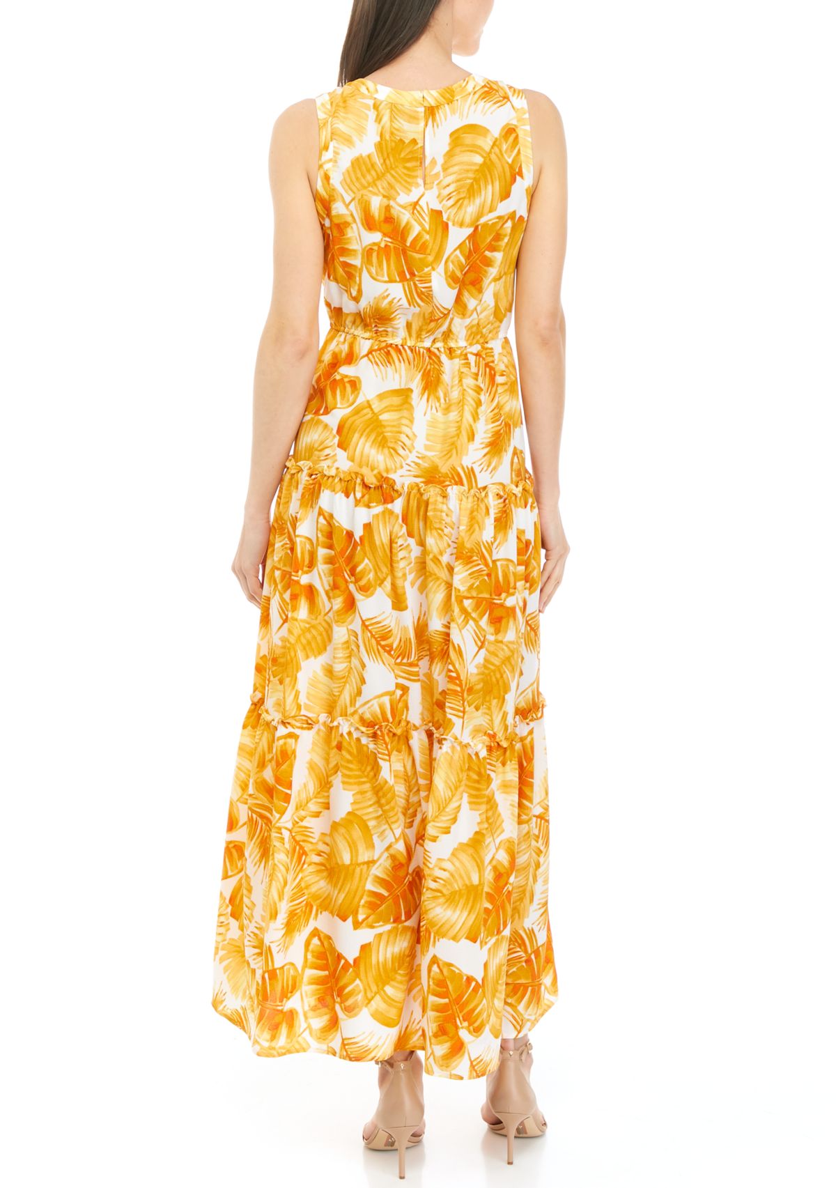 Womens Sleeveless Tropical Leaf Print Maxi Dress