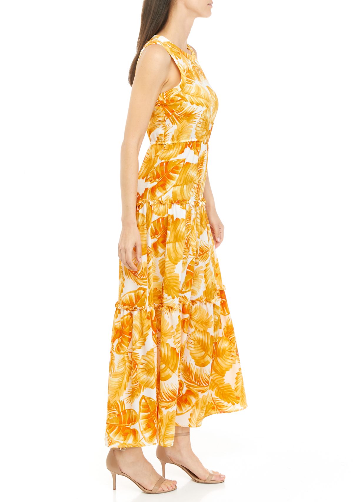 Womens Sleeveless Tropical Leaf Print Maxi Dress