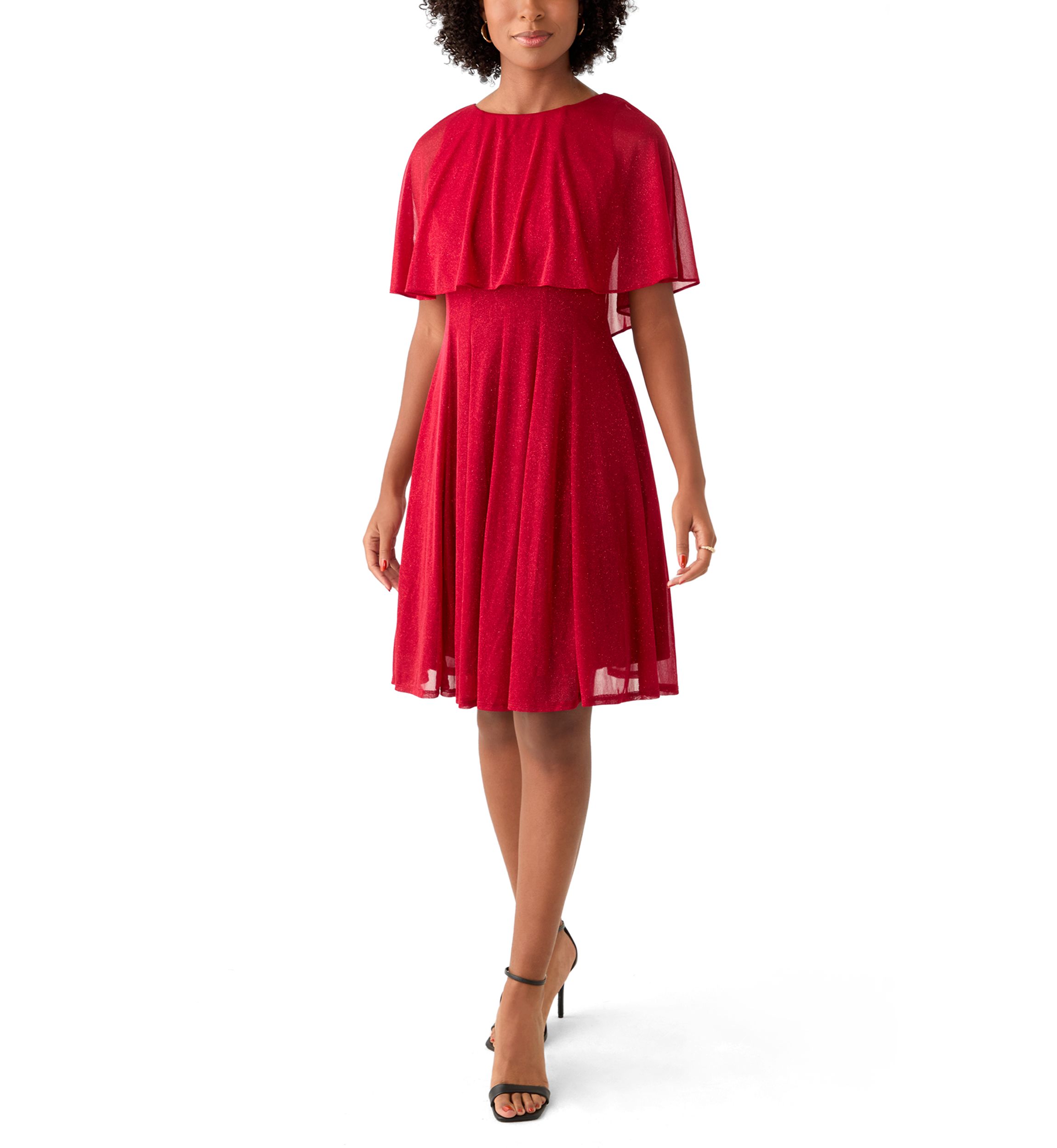Womens Cape Sleeve Crew Neck Solid Fit and Flare Dress