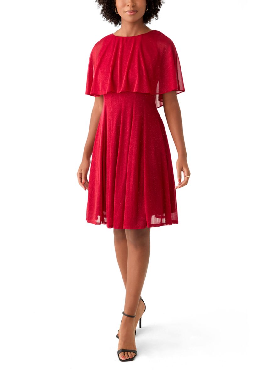 Womens Cape Sleeve Crew Neck Solid Fit and Flare Dress