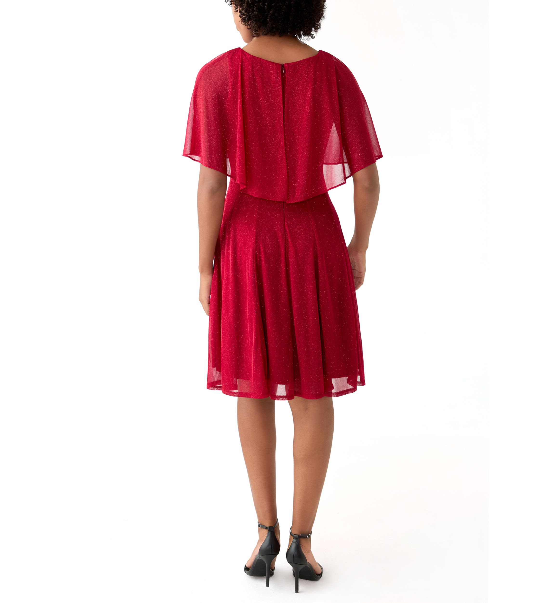 Womens Cape Sleeve Crew Neck Solid Fit and Flare Dress