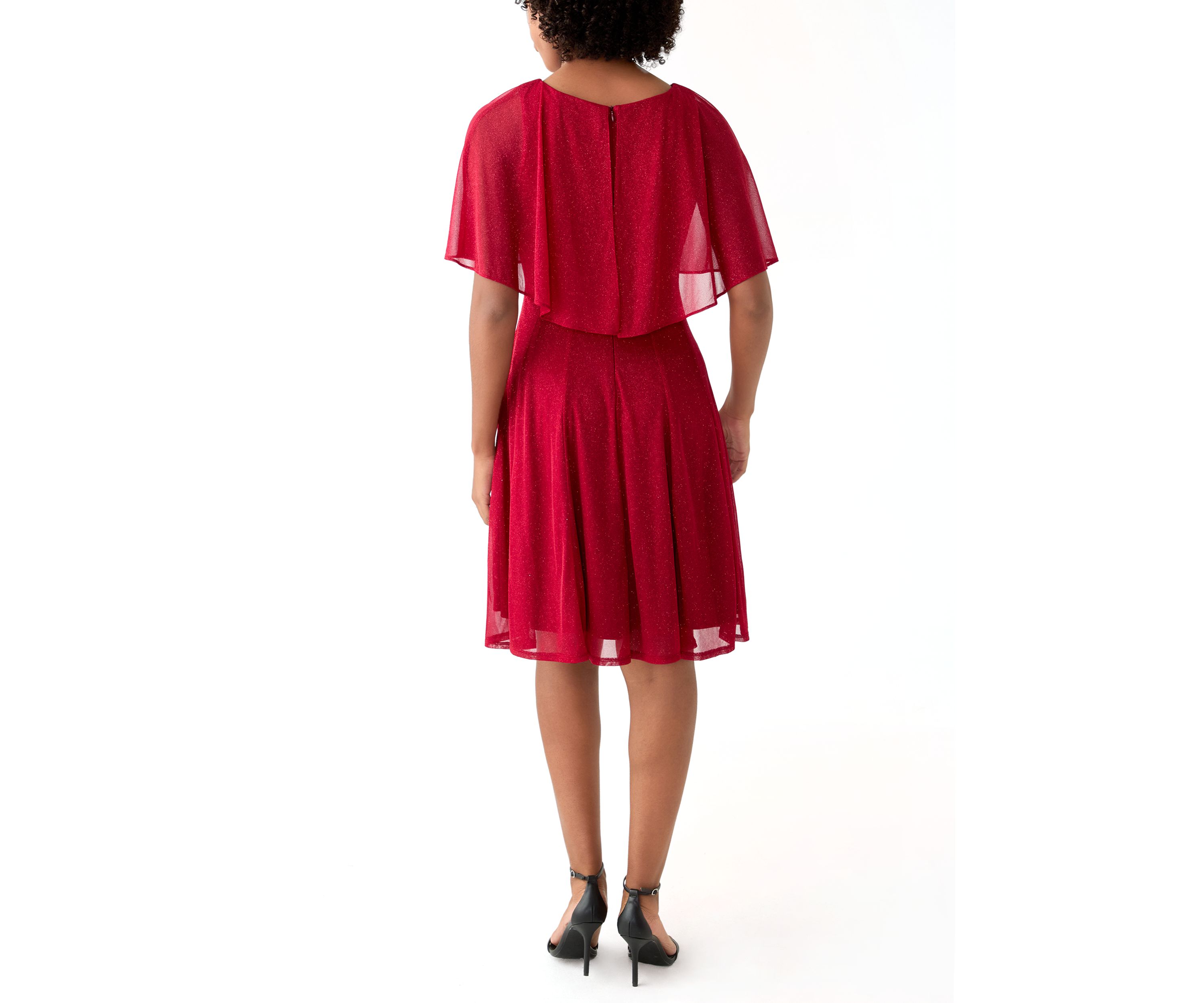 Womens Cape Sleeve Crew Neck Solid Fit and Flare Dress