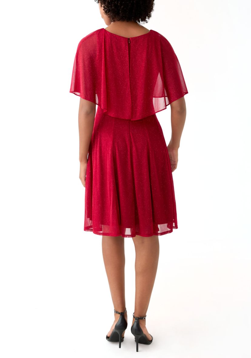 Womens Cape Sleeve Crew Neck Solid Fit and Flare Dress