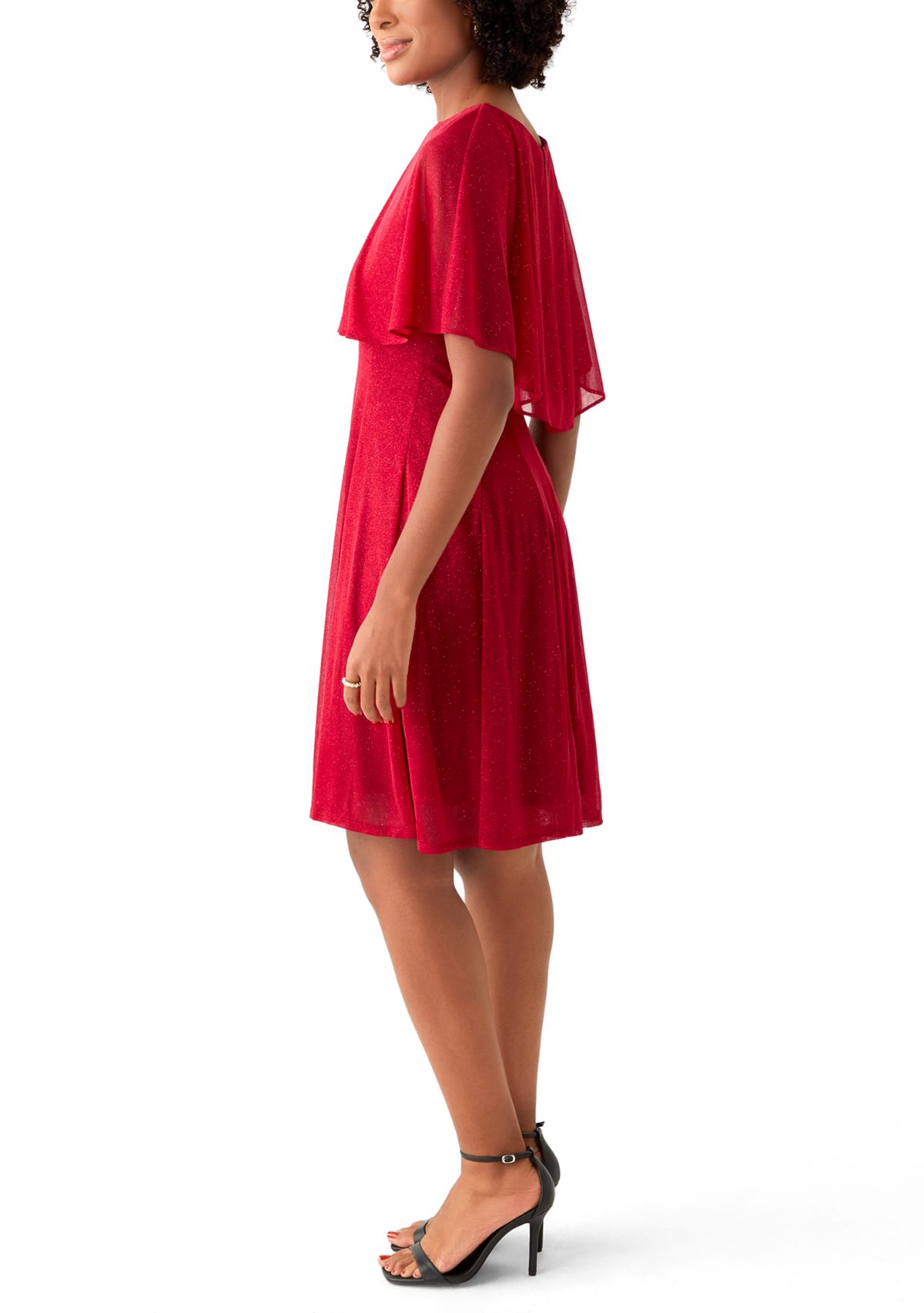 Womens Cape Sleeve Crew Neck Solid Fit and Flare Dress
