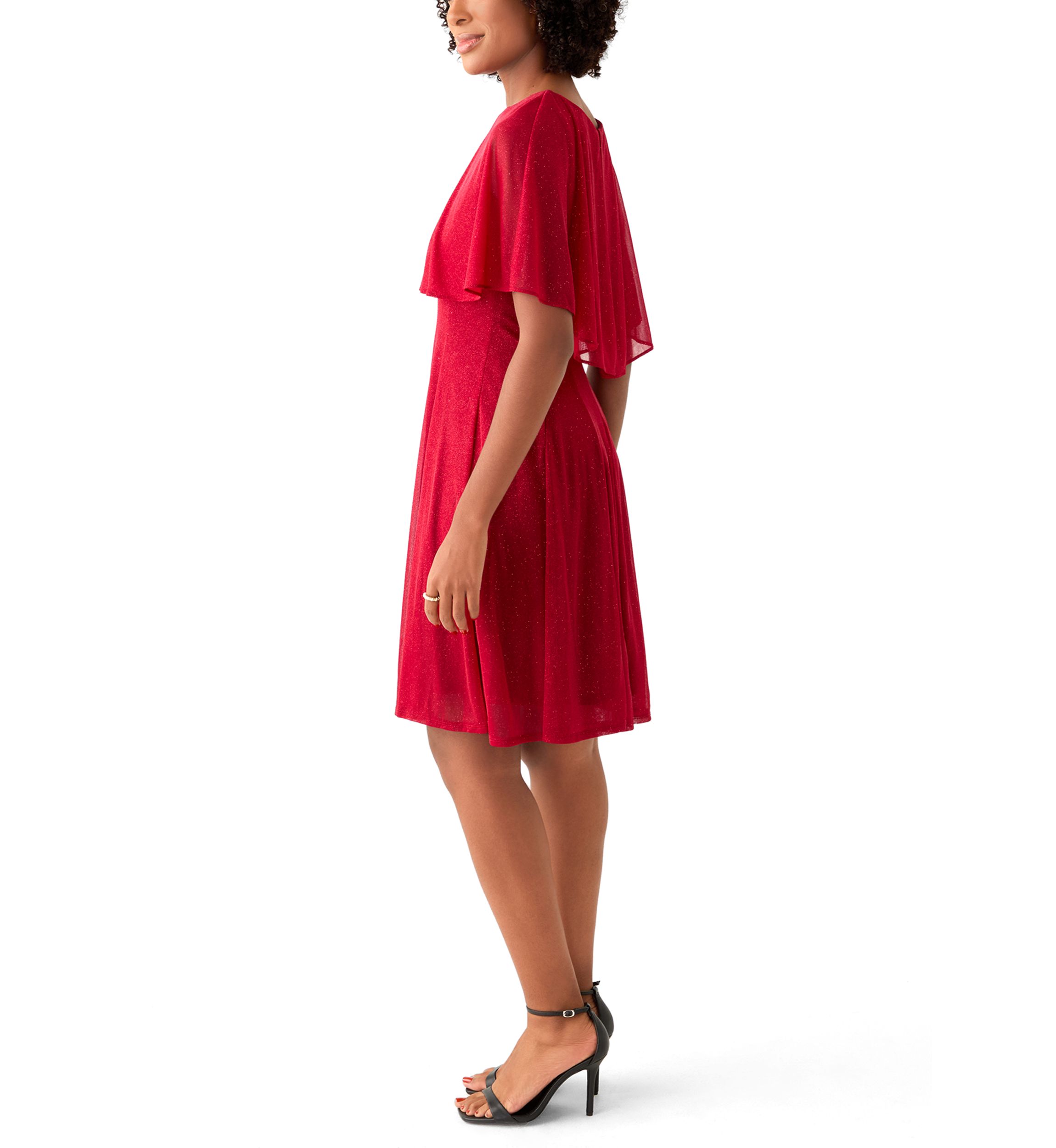 Womens Cape Sleeve Crew Neck Solid Fit and Flare Dress